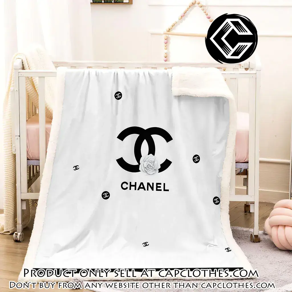 Chanel white roses black logo luxury brand premium blanket fleece home decor cc4404582